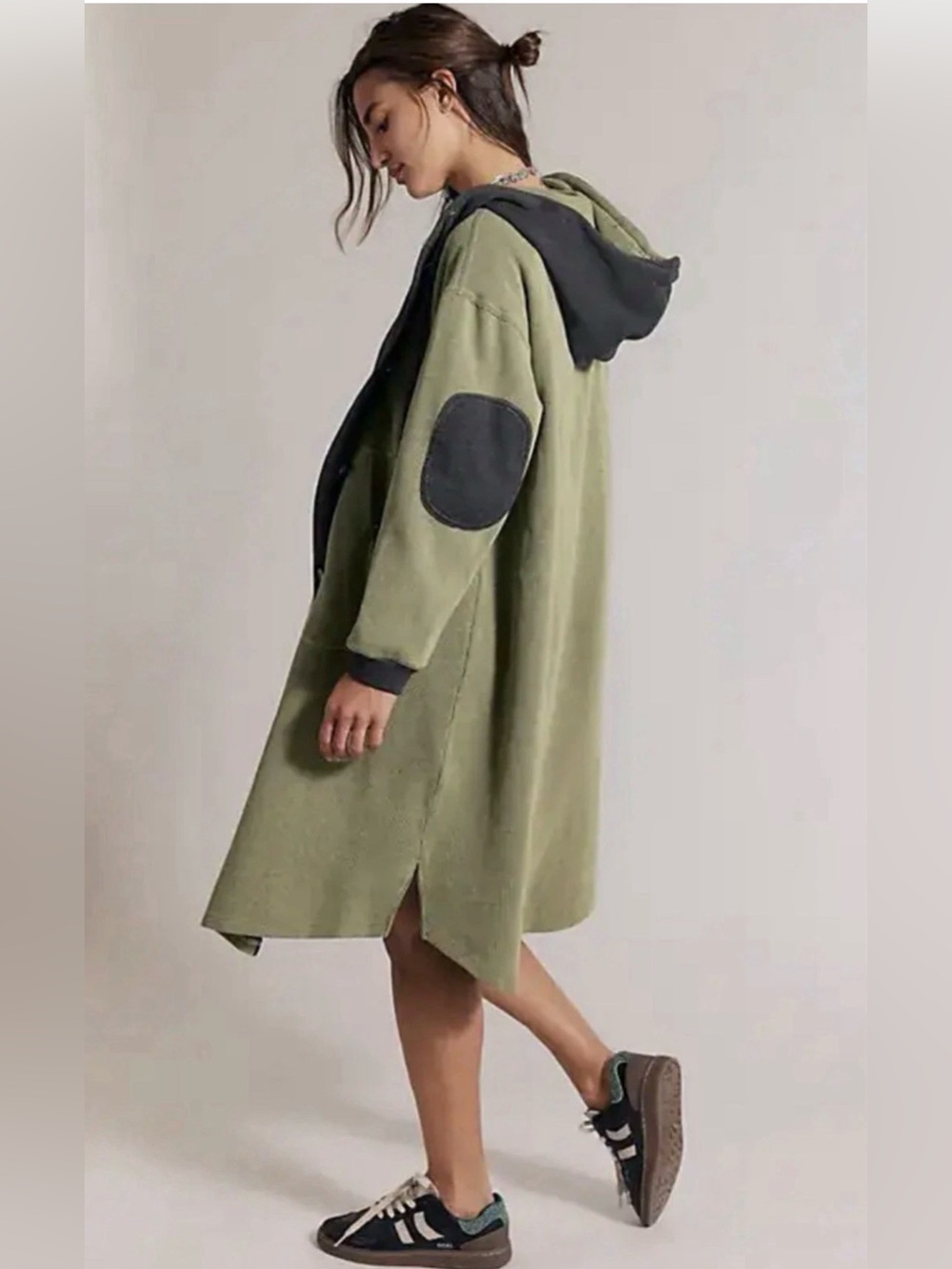 Free People Tomorrows Sweatshirt Cardigan Hooded Maxi Ribbed Button Sage Green